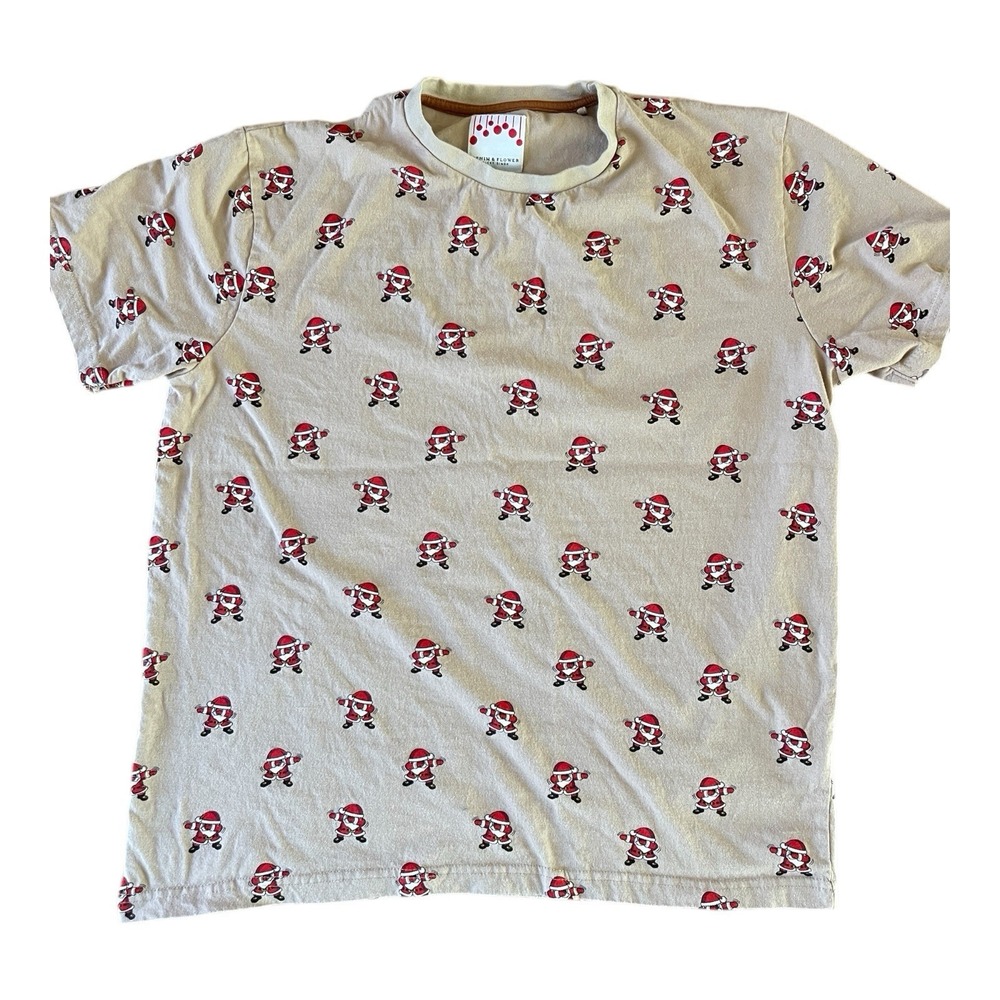 Denim & Flower Print Tee Men's Size Large Ricky Singh Tan Dab Santa Tan